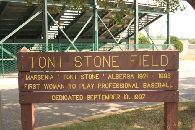 A modest sign welcomes visitors and presents the very basics about Toni Stone.