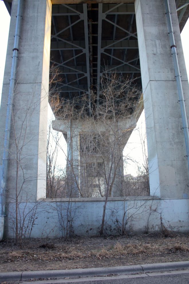 The underbelly of the Highway 5 Bridge, looking south-southwest toward Fort Snelling.
