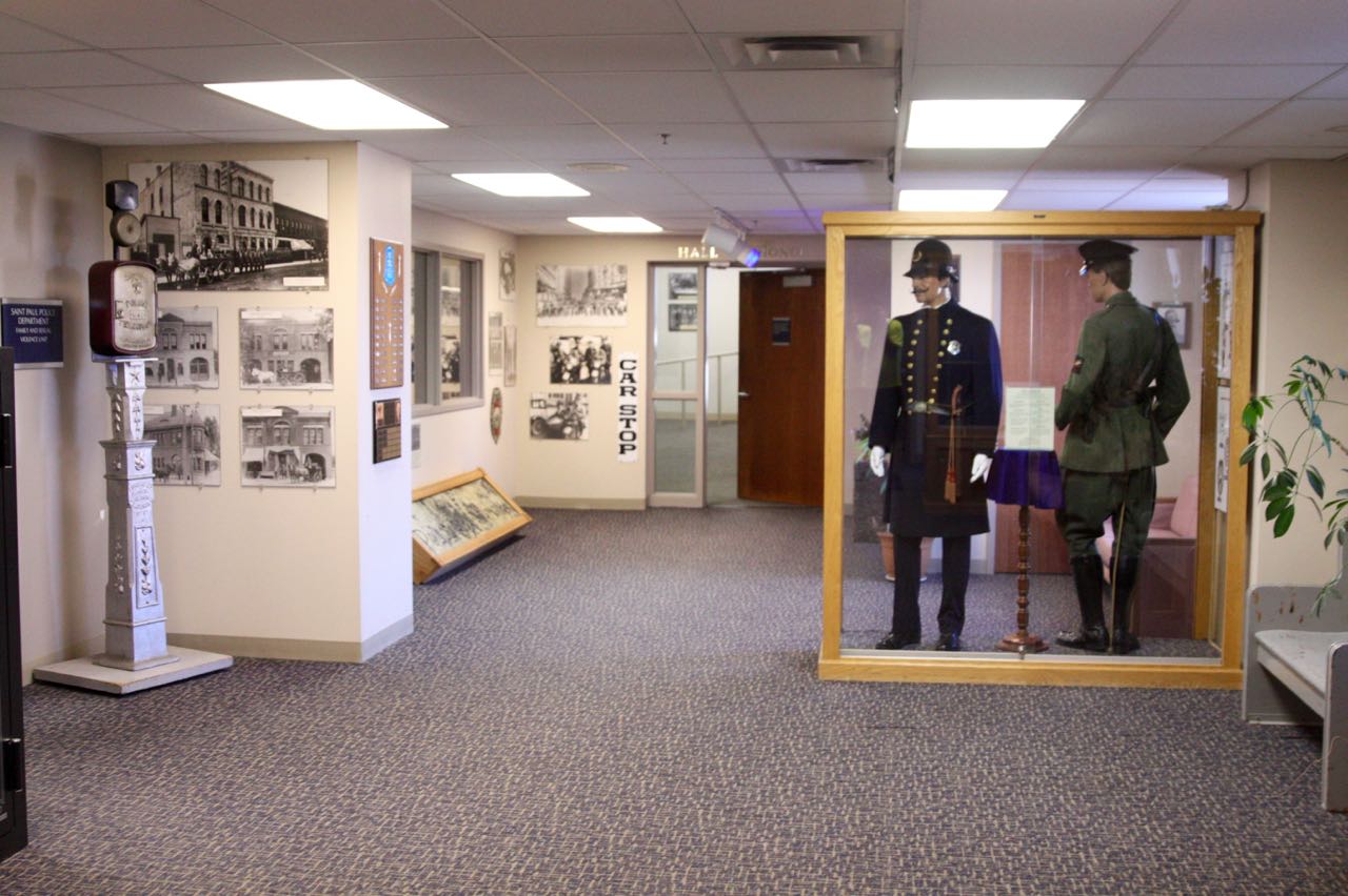 The police museum exhibits on the second floor occupy a room about 25 feet by 10 feet. The volume of artifacts relegates many to storage areas around the police HQ.