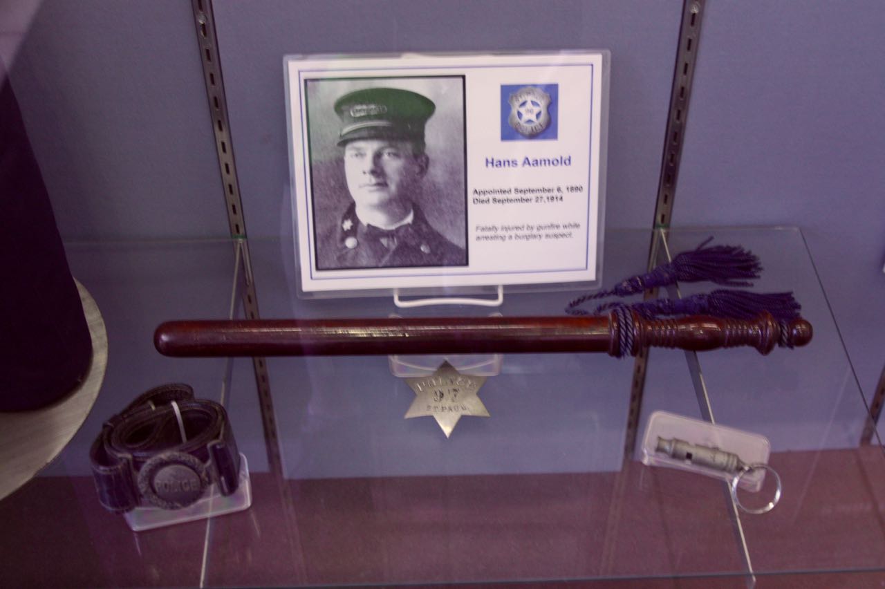 The baton, whistle and belt belonged to Sergeant Hans Aamold,killed in the line of duty in 1914.