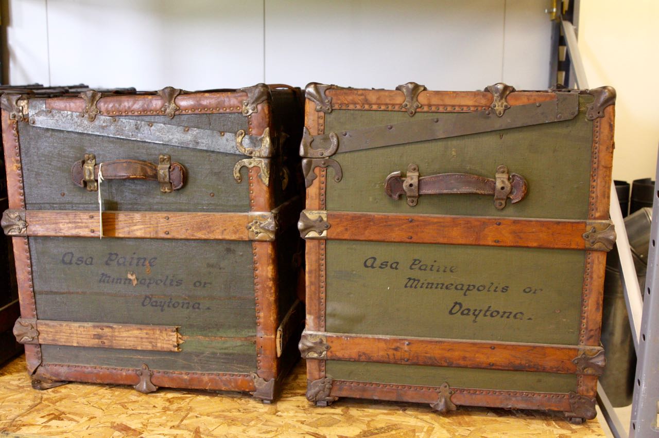 Two of the antique European steamer trunks at the MHS Records Center.