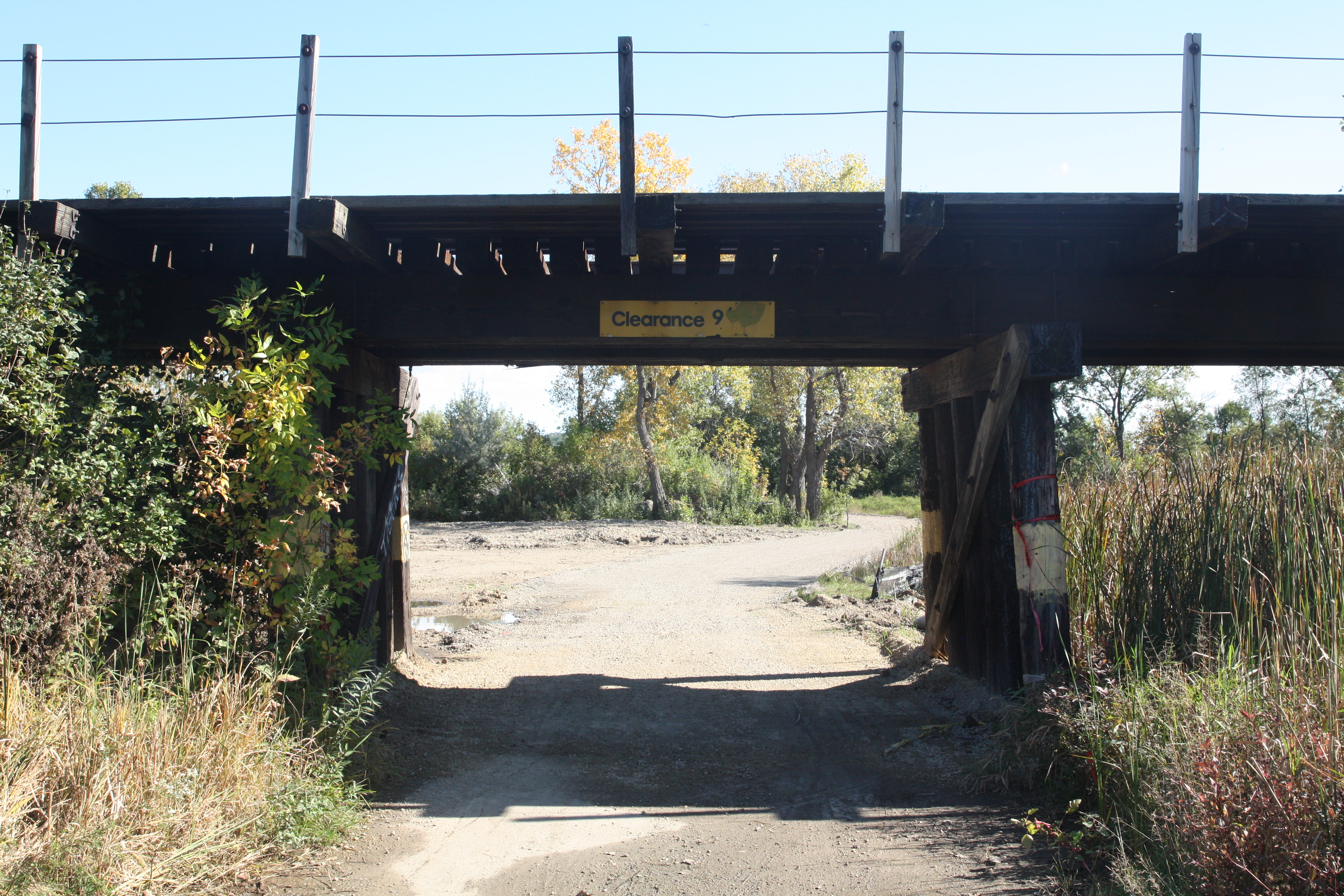 The railroad bridge over one of the paths through park.