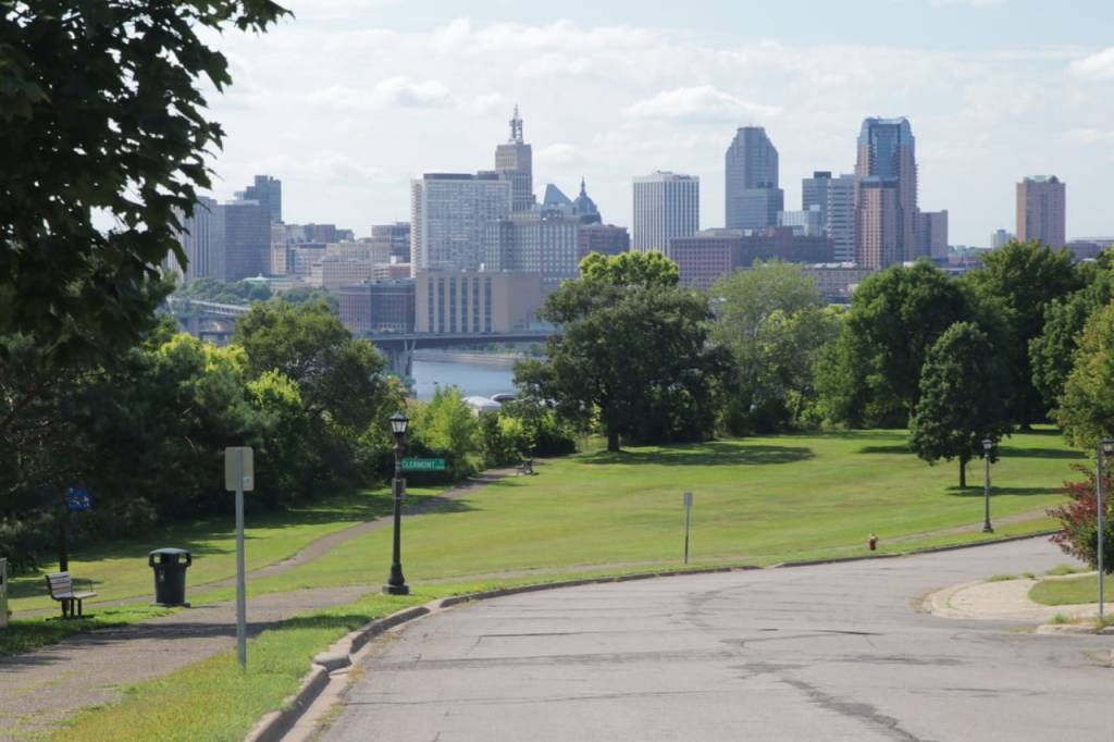 The best view of the skyline of Downtown Saint Paul is from Indian Mounds Regional Park. Mounds Boulevard, in the foreground, curves toward the north. You can see where Clermont Avenue starts or ends, depending upon your perspective.